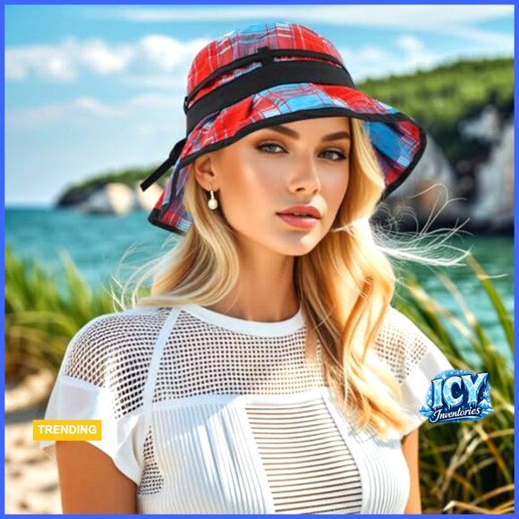 Foldable Plaid Bucket Hat with Chin Strap Sun Protection Outdoor main image 7